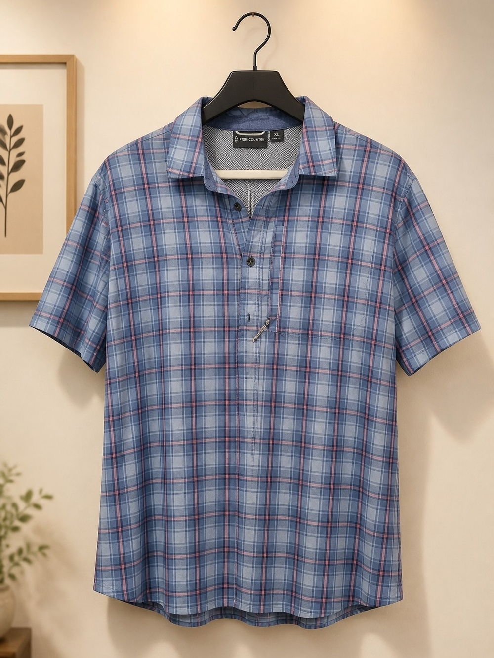 Free Country Men's Blue Plaid Short Sleeve Polo